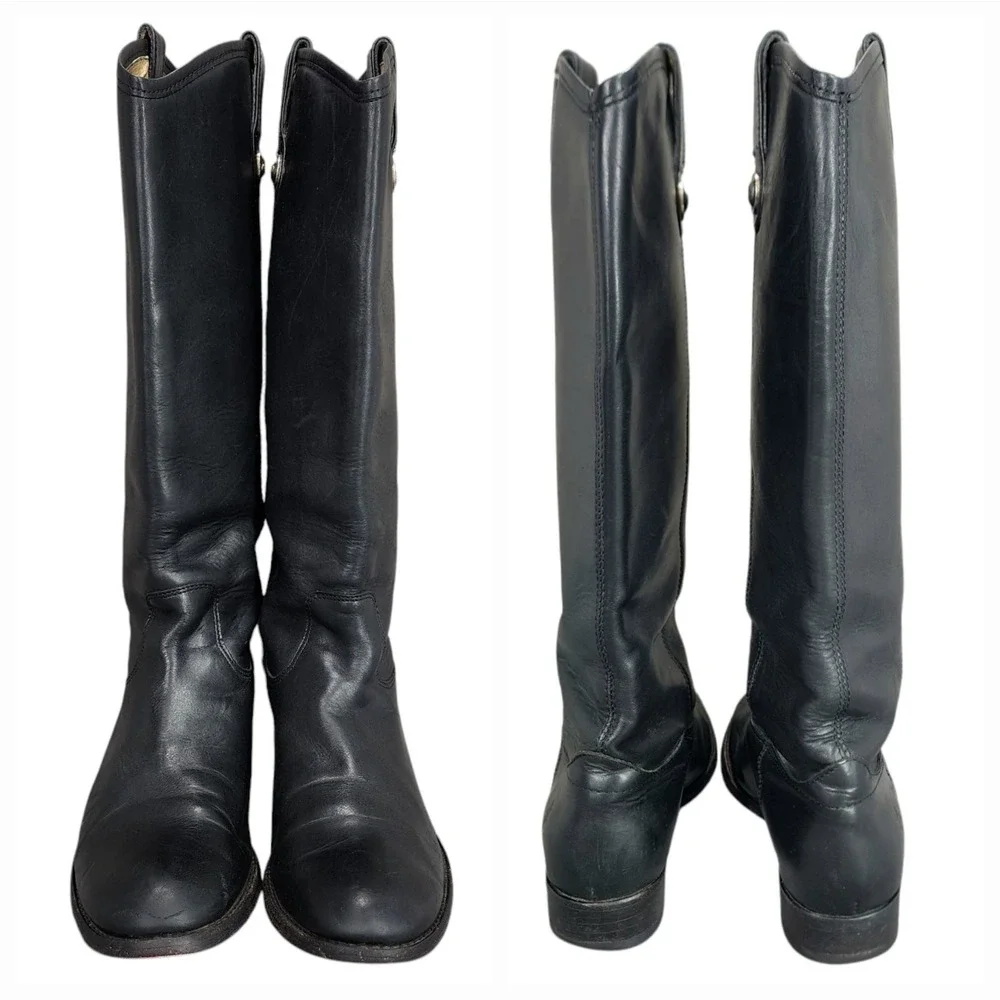 Frye Knee High Riding Boots sz 7B Women‎ Melissa Button Black Leather Equestrian